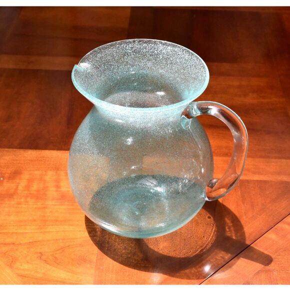 Teal Turquoise Art Glass Pitcher Controlled Bubble Texture Shoreline Collection - Picture 3 of 8